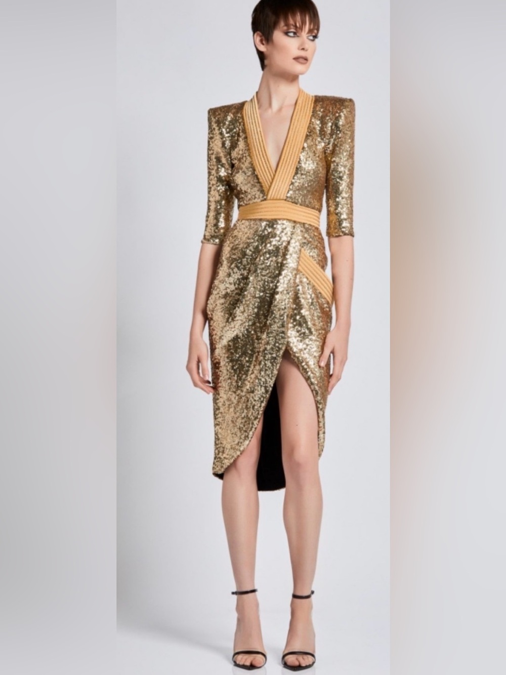 Zhivago Eye of Hours Gold Sequin Midi Wrap Dress